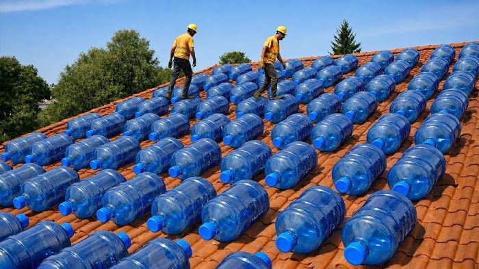 des bouteilles en plastique sur les toits