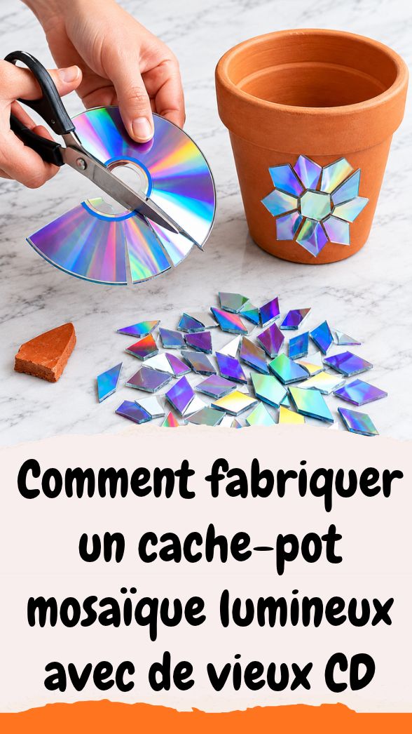 cache-pot mosaïque en CD recyclés