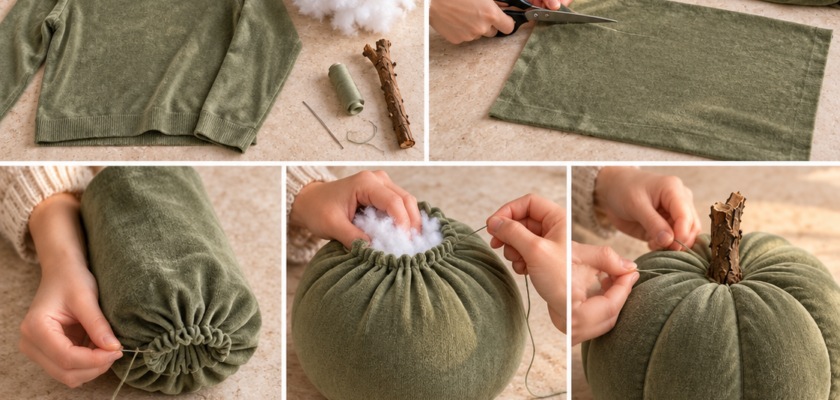 Des citrouilles d’automne fabriquées avec de vieux vêtements