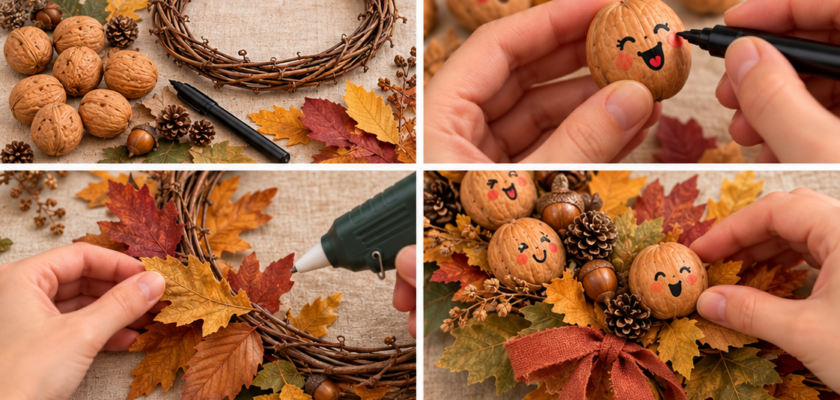Une couronne d’automne avec des noix expressives