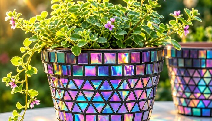 cache-pot mosaïque en CD recyclés