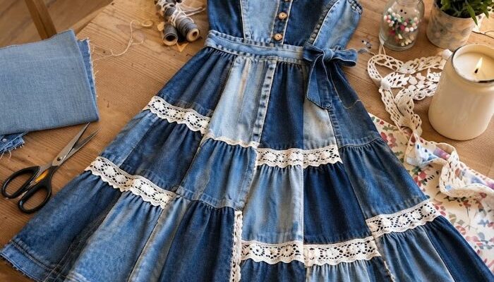 Robe en jeans et dentelle