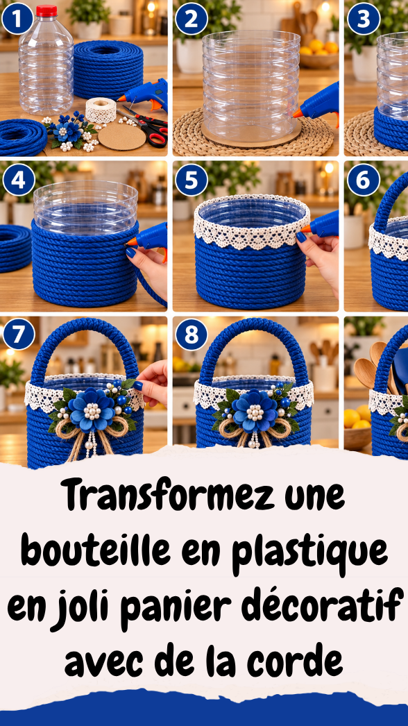 Transformez une bouteille en plastique en joli panier décoratif avec de la corde