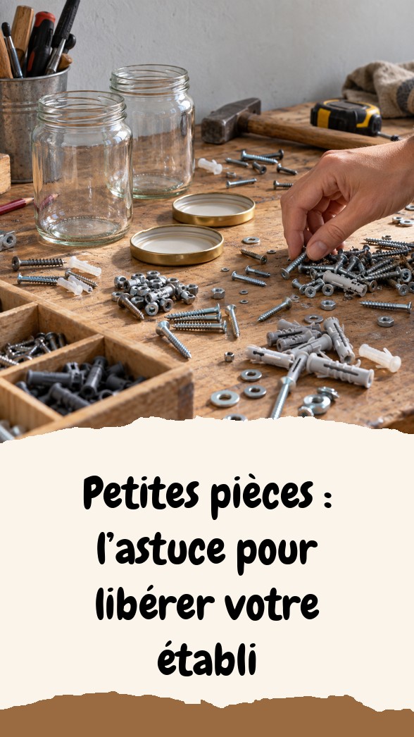 Établi encombré de petites pièces et de bocaux vides avant le rangement