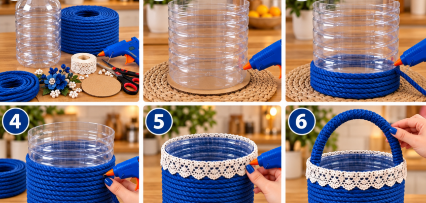 Transformez une bouteille en plastique en joli panier décoratif avec de la corde