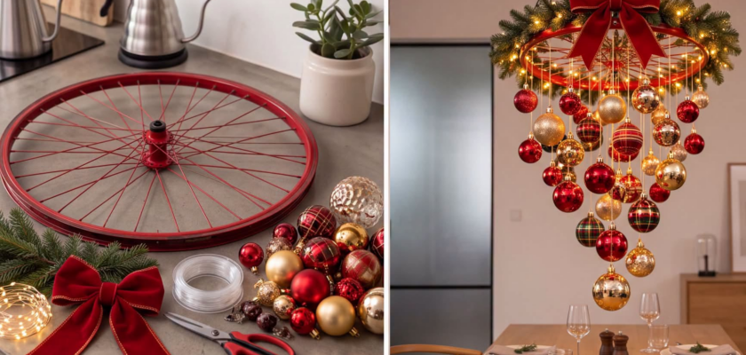 Une roue de vélo transformée en lustre de Noël