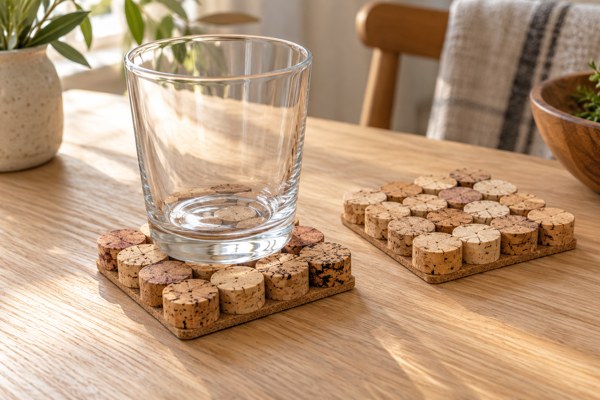 Un verre posé sur un dessous de verre composé de rondelles de liège.