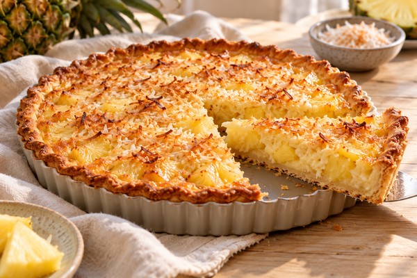 Tarte dorée à l’ananas et à la noix de coco, avec une part découpée