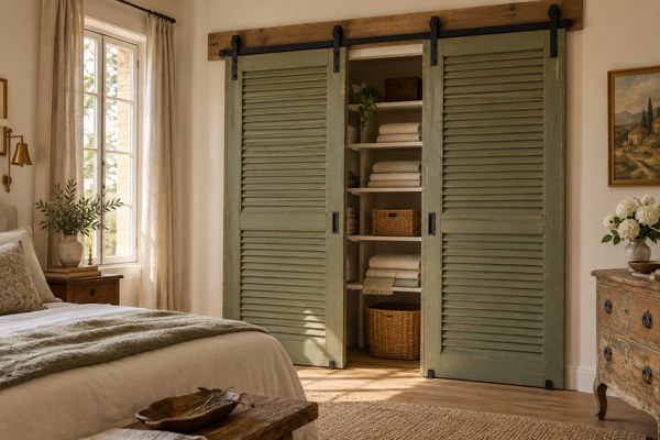 Illustration de volets en bois réutilisés comme portes coulissantes de placard